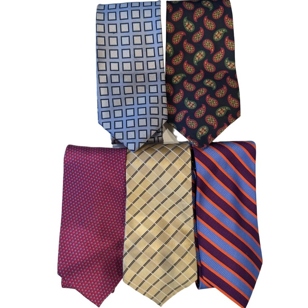 Tommy Hilfiger 100% Silk Tie Necktie Stripe Geo Red Blue Gold 3.5" Lot of 5